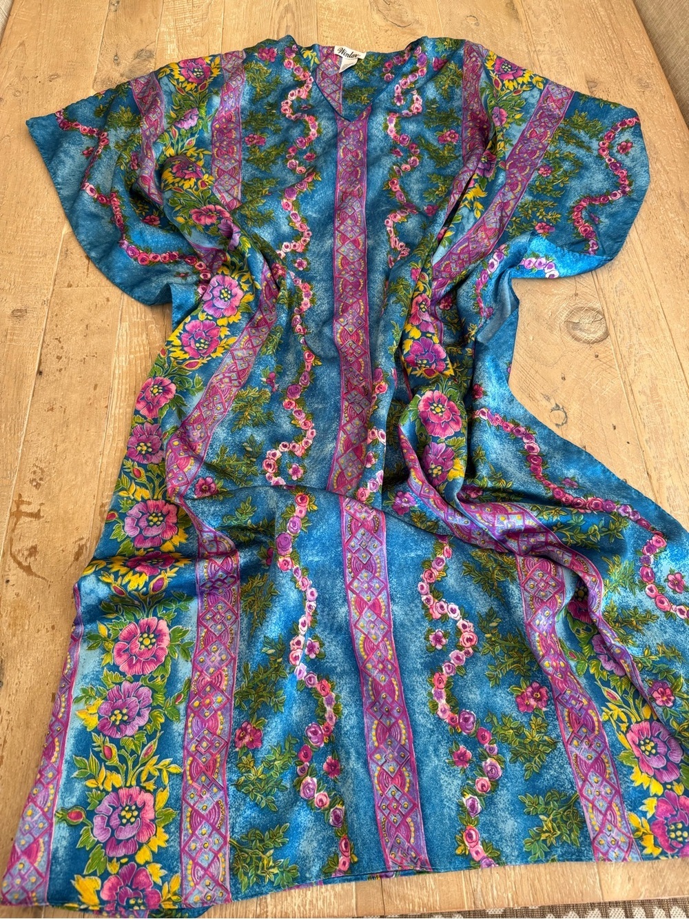 Winlar Vintage Vibrant Teal Floral Maxi Dress Caftan MuMu